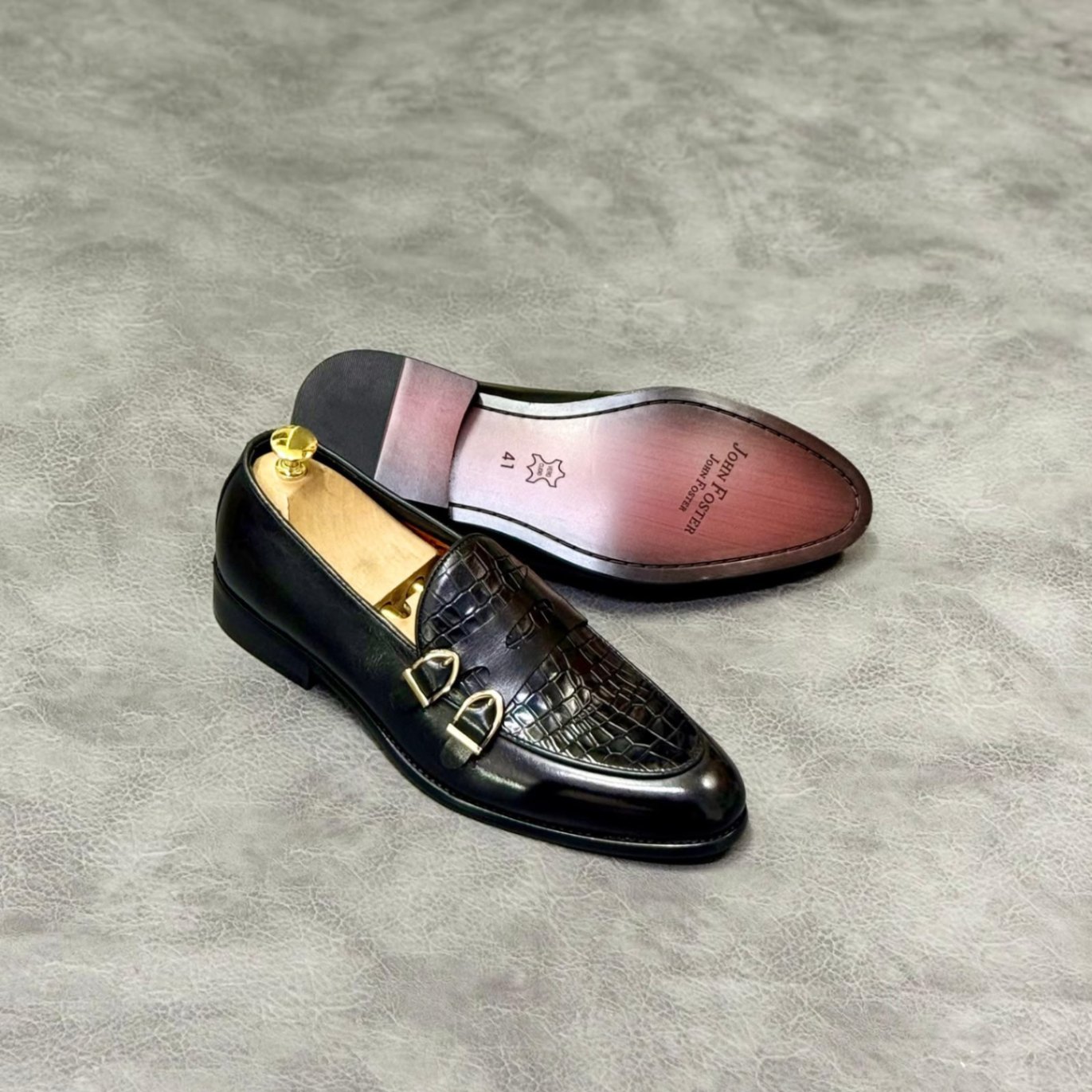 John Foster Croc-Embossed Double Monk Strap Loafers - View 1