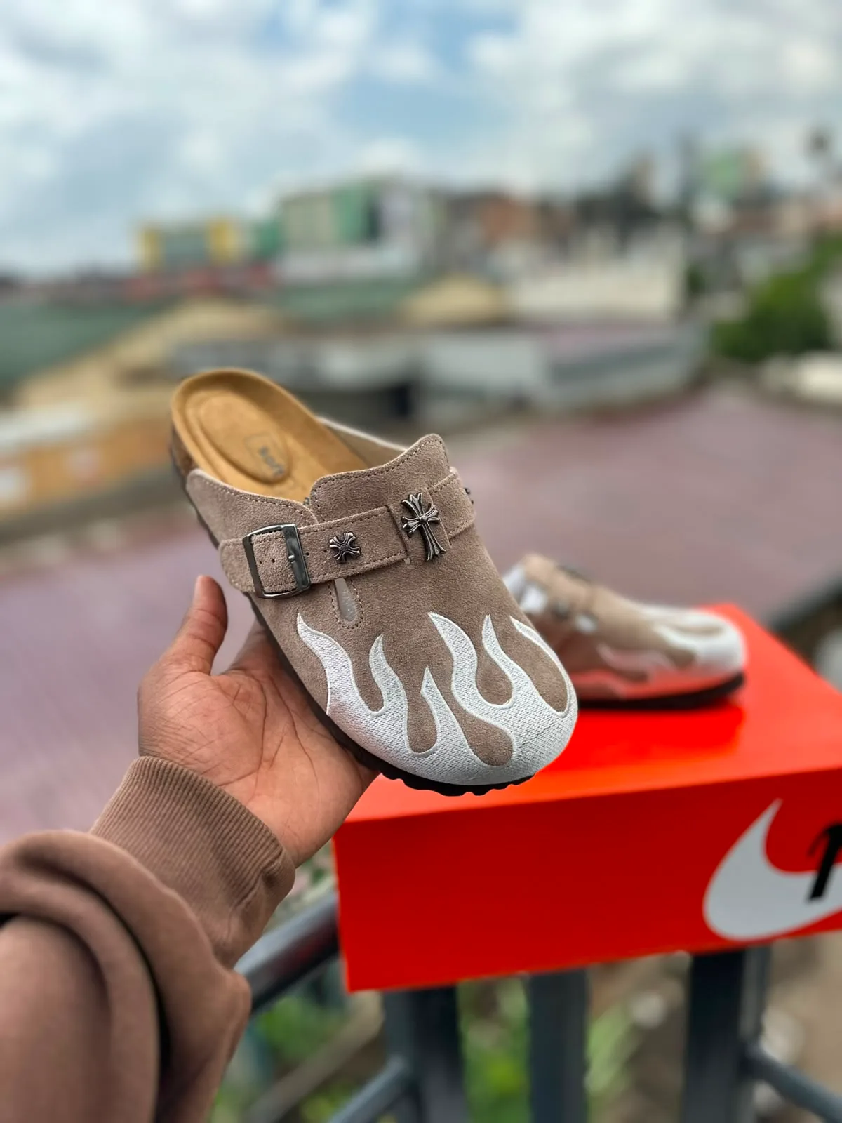 Flame & Cross Custom Suede Clogs - Khaki