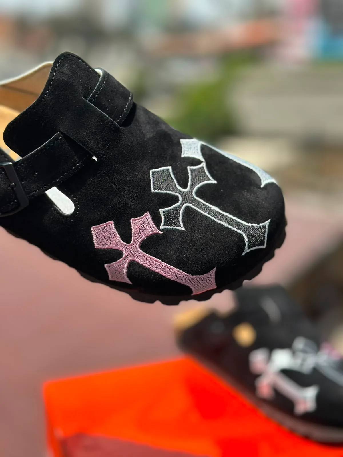 Pink & Silver Cross Suede Clogs - Black