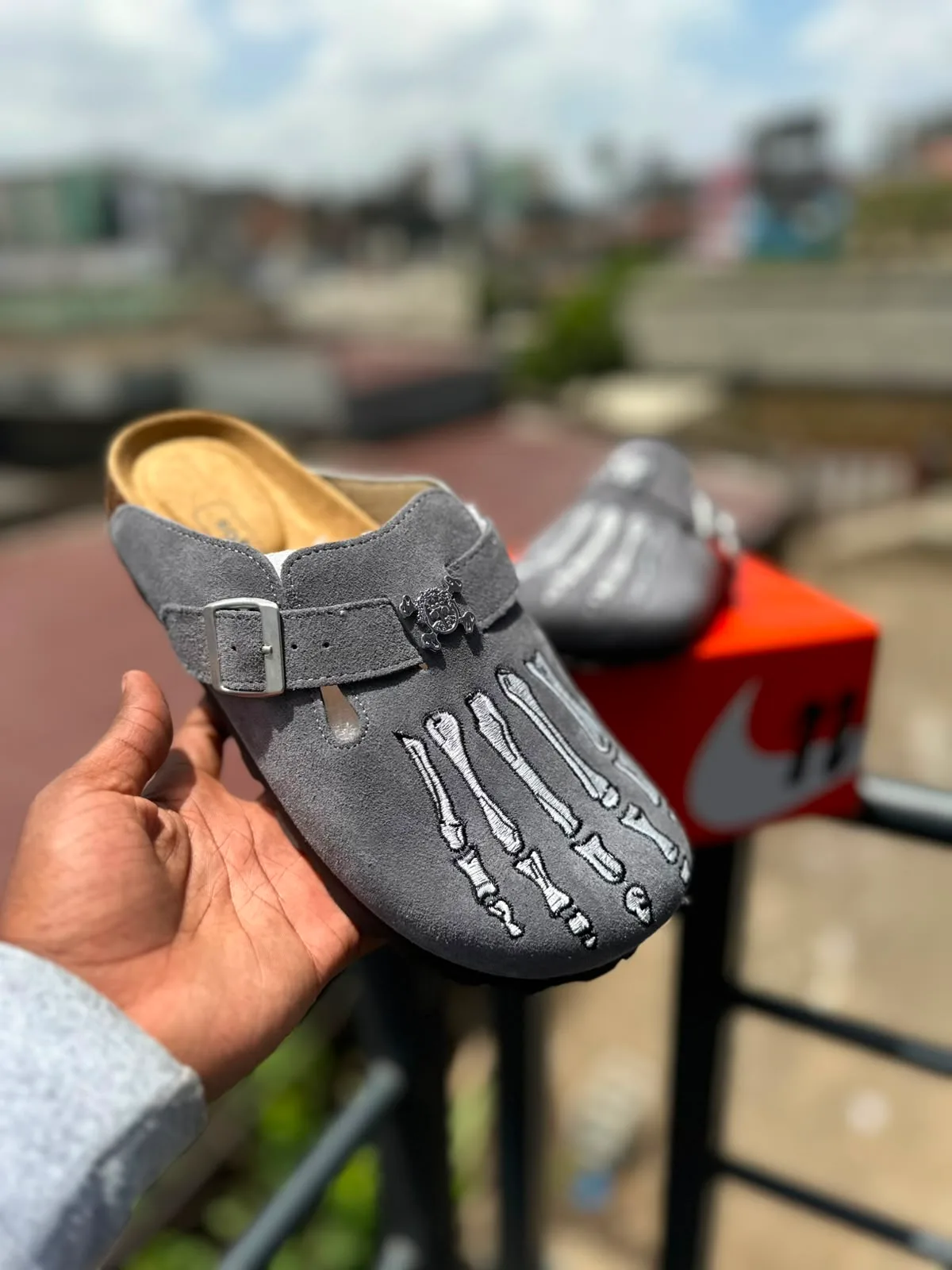 Skeleton Graphic Suede Clogs - Grey