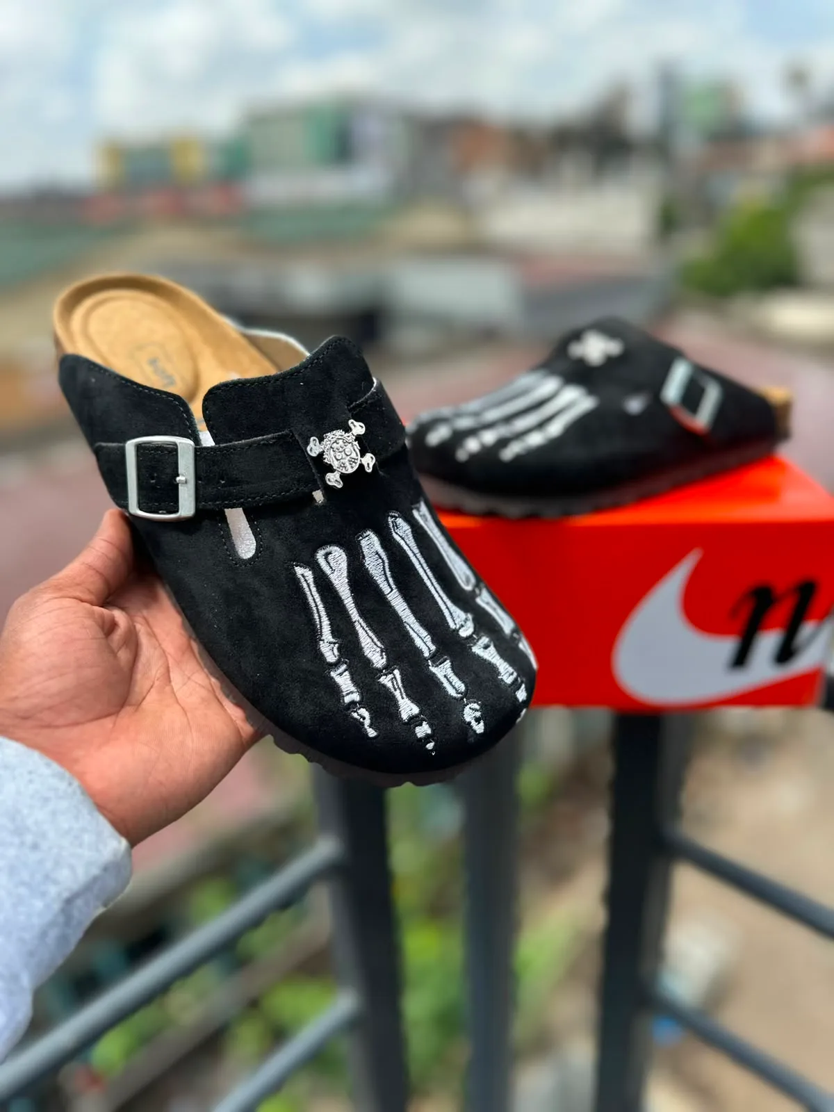 Skeleton Graphic Suede Clogs - Black - View 1
