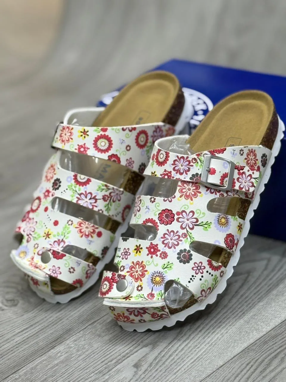 Red Floral Pattern Two-Strap Sandals
