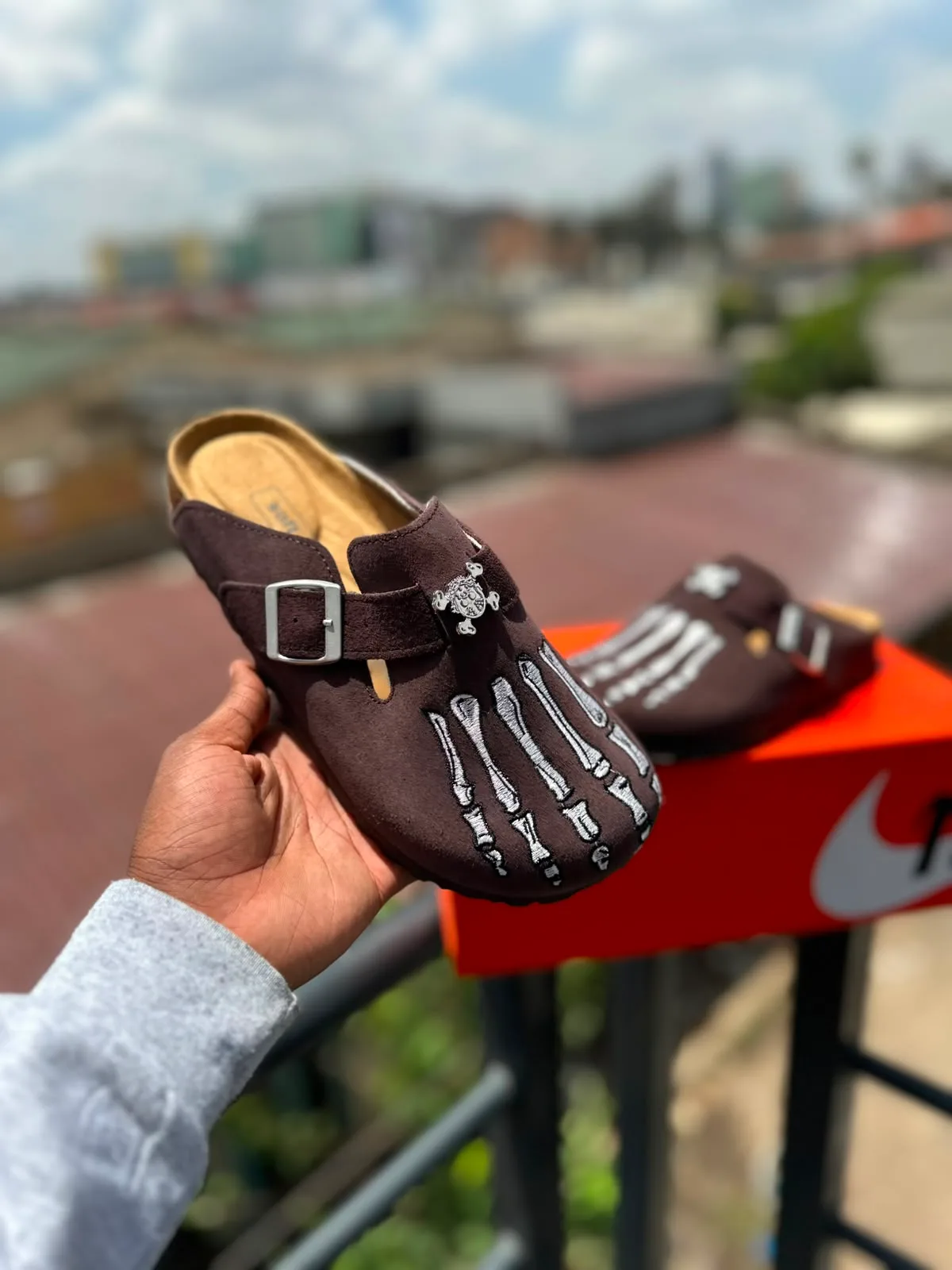 Skeleton Graphic Suede Clogs - Dark Brown