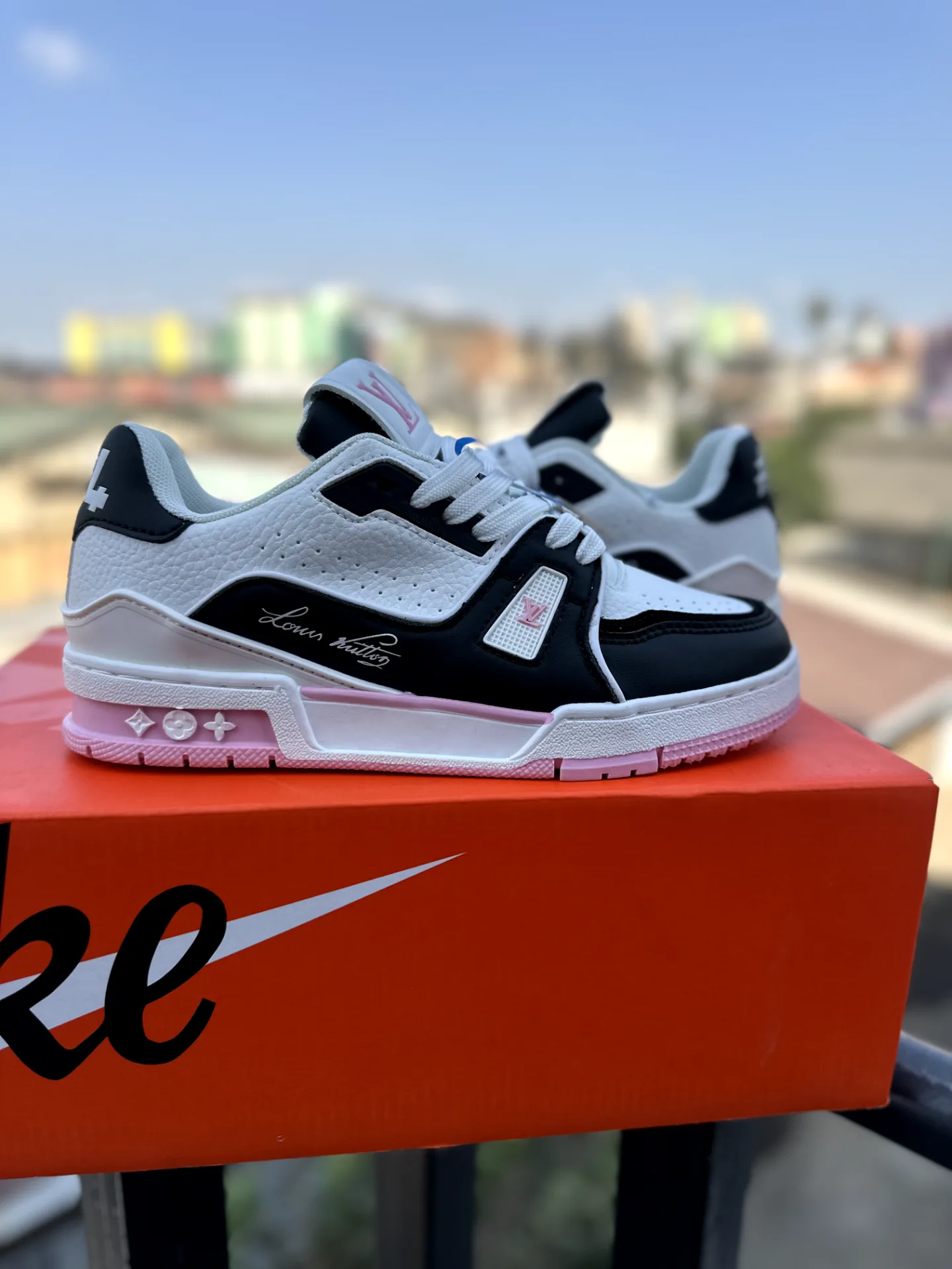 Ladies Louis Vuitton LV Trainer "Black White & Pastel Pink"