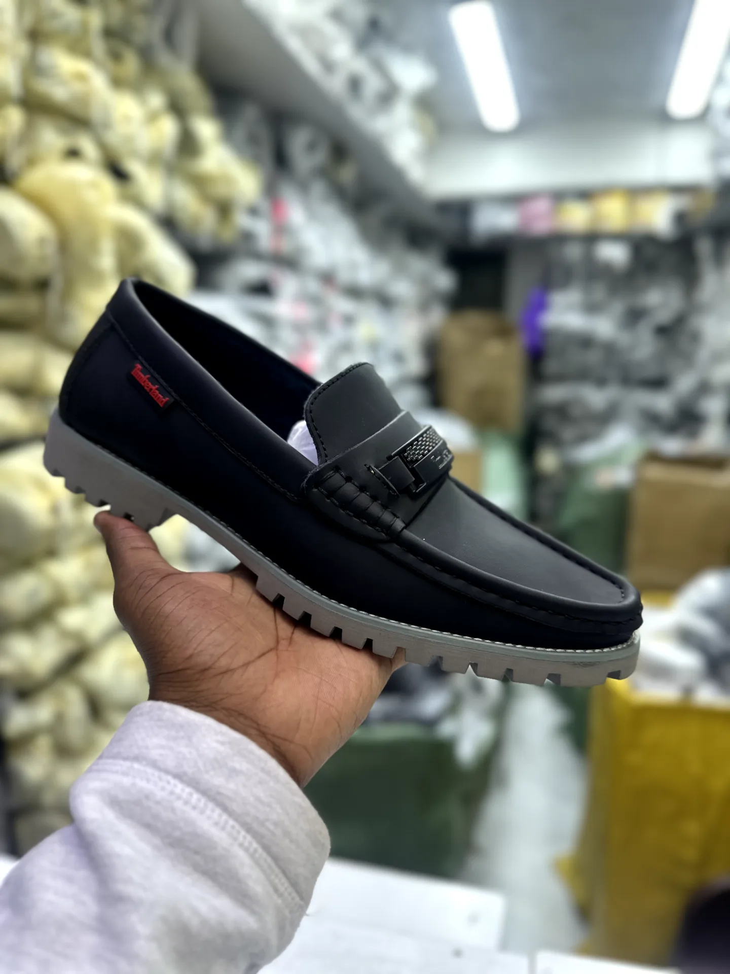 Timberland Men's Leather Loafers "Black with Textured Bar & Grey Sole"