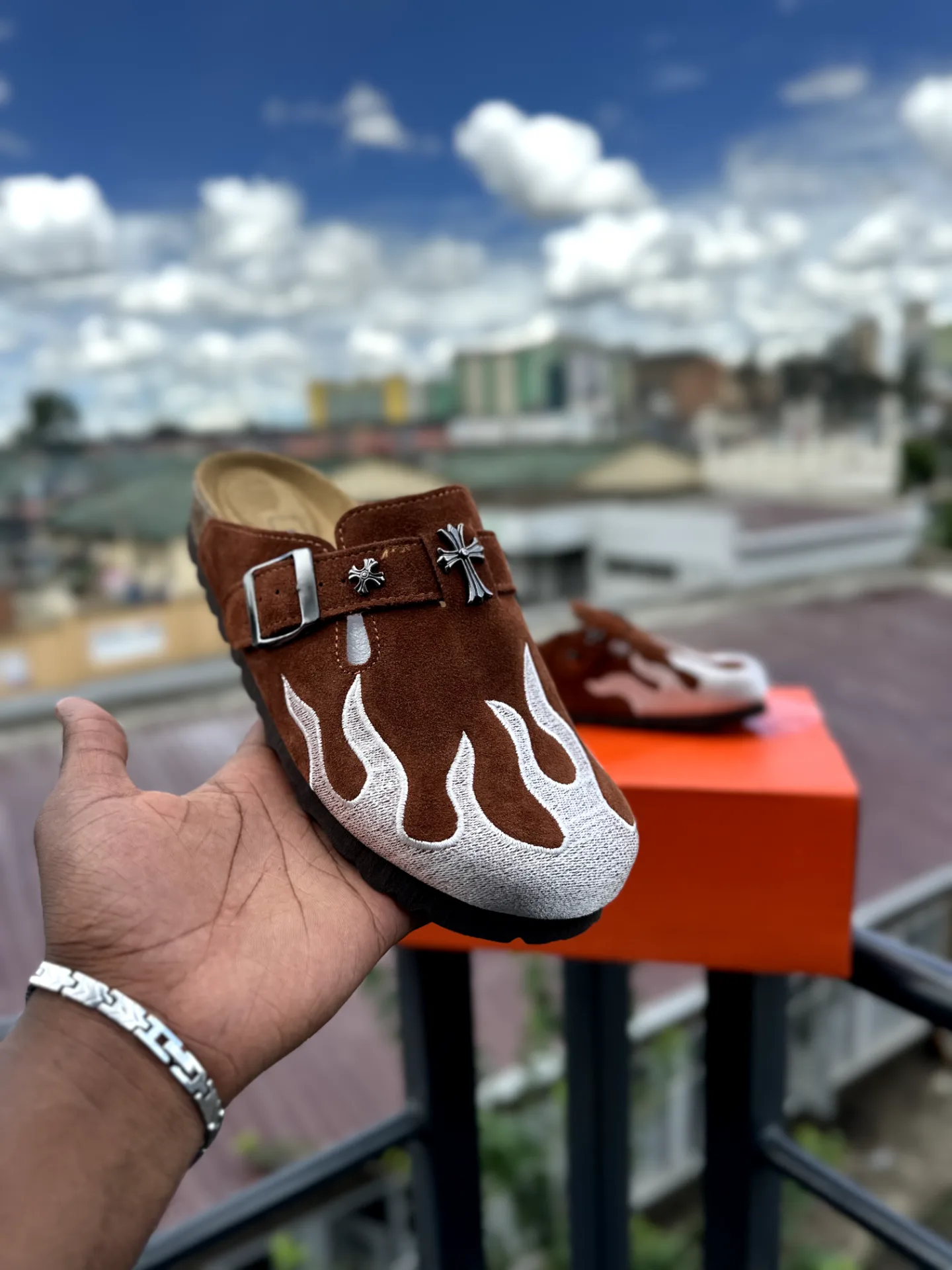 Birkenstock Boston Clog x Chrome Hearts "Brown Suede White Flame"