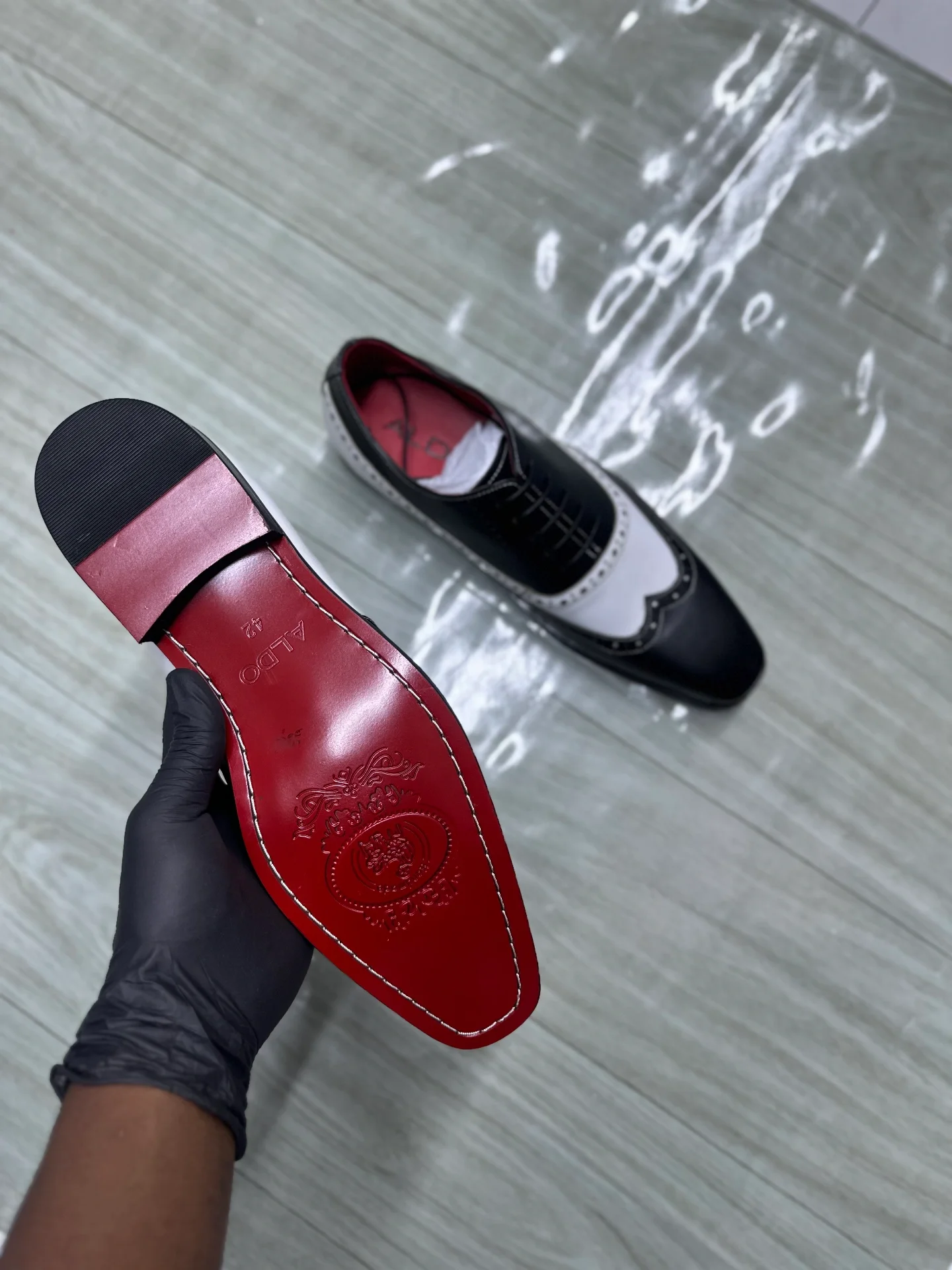 Red Bottom - Black & White two tone wingtip spectator oxford shoes original - Detail View Kenya