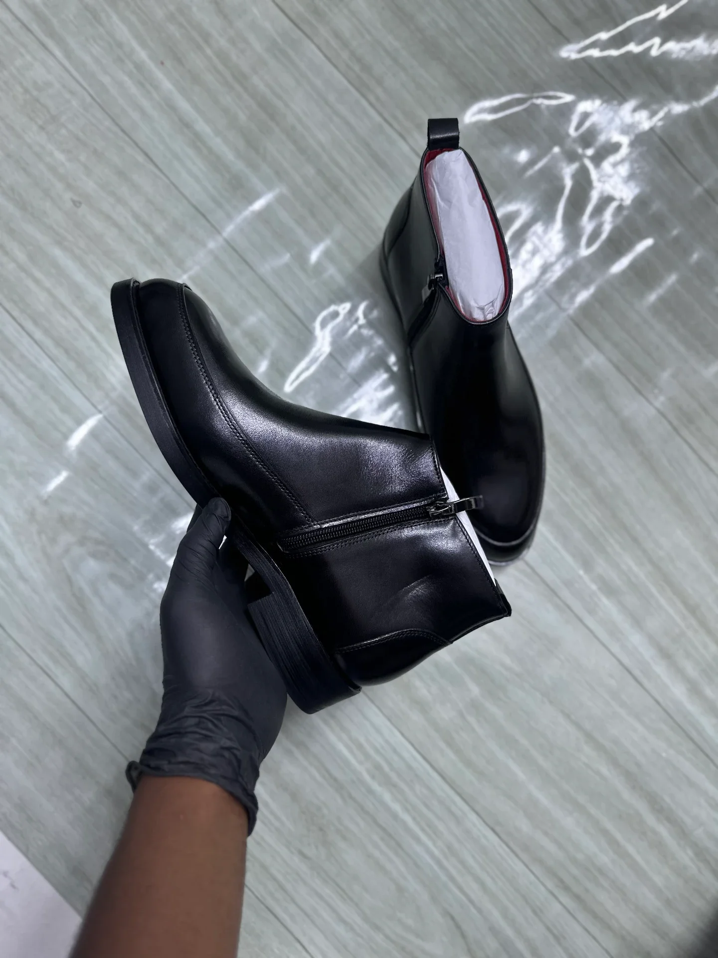 Red Bottom black Leather Ankle Boots side lace original - Detail View Kenya