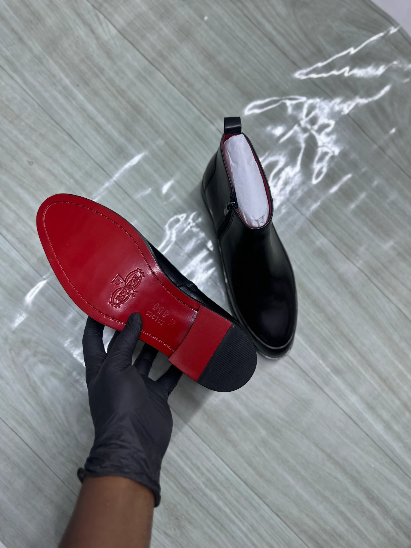 Red Bottom black Leather Ankle Boots side lace original - Detail View Kenya