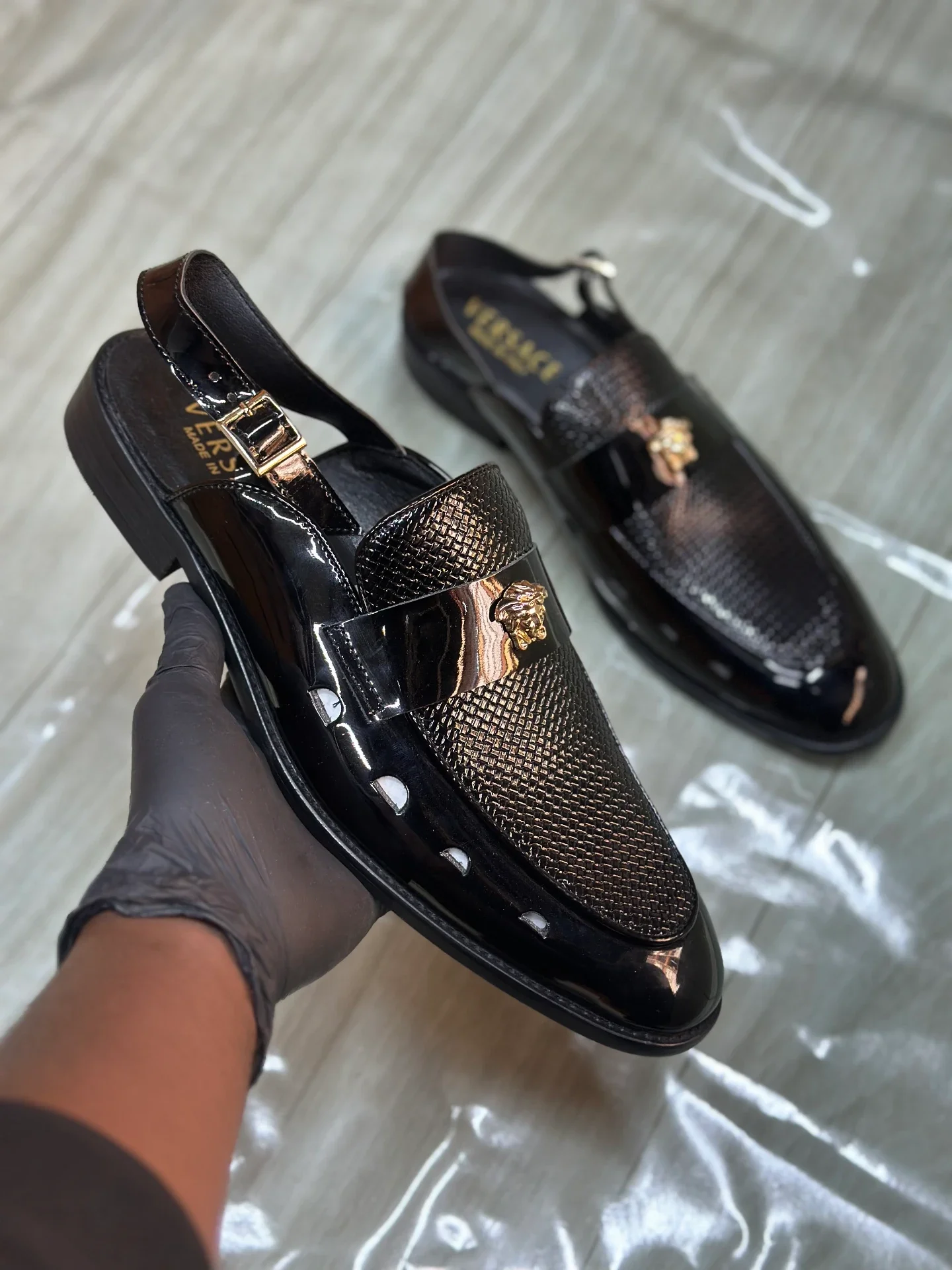 Versace Black Patent and Textured Slingback men Half shoes original - Detail View Kenya