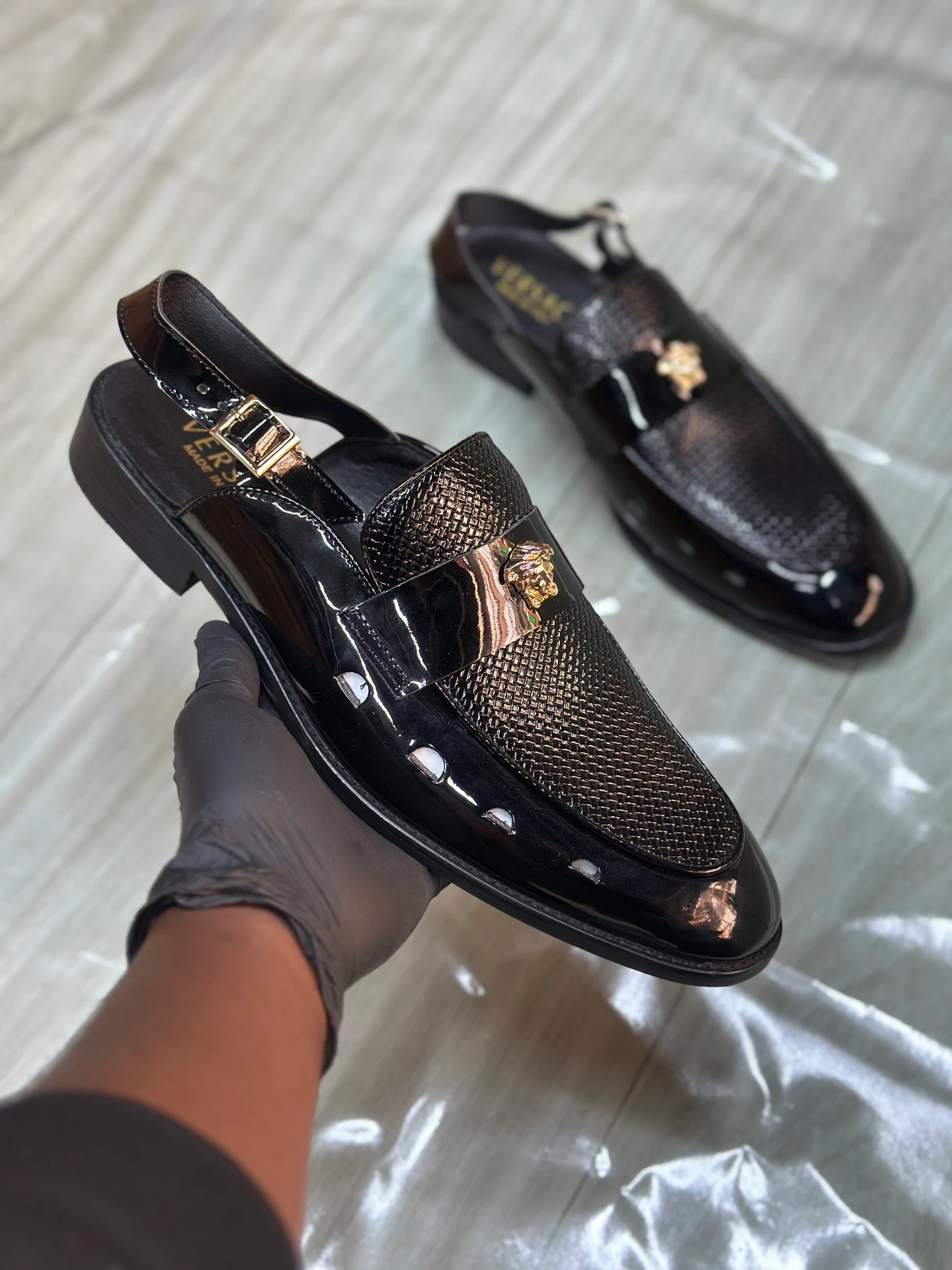Versace Black Patent and Textured Slingback men Half shoes Price in Kenya | 100% Authentic Official Shoes